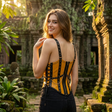 Yellow Leather Corset Top for Women, Handmade Leather Corset, Custom Corset, Yellow Corset, Lace Up Zip Front Corset, Rivet Leather Bustier Top