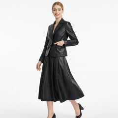 Women's Black Leather Blazer & Midi Skirt Set | Leather Blazer Women | Blazer Jacket | Formal Dress | Midi Skirt | Corporate Goth Womens Clothing | Black Dress