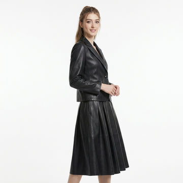 Women's Black Leather Blazer & Midi Skirt Set | Leather Blazer Women | Blazer Jacket | Formal Dress | Midi Skirt | Corporate Goth Womens Clothing | Black Dress