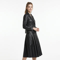 Women's Black Leather Blazer & Midi Skirt Set | Leather Blazer Women | Blazer Jacket | Formal Dress | Midi Skirt | Corporate Goth Womens Clothing | Black Dress