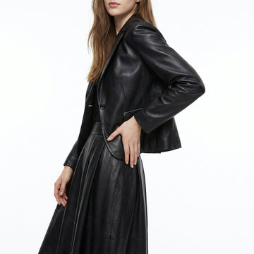 Women's Black Leather Blazer & Midi Skirt Set | Leather Blazer Women | Blazer Jacket | Formal Dress | Midi Skirt | Corporate Goth Womens Clothing | Black Dress