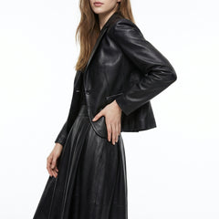 Women's Black Leather Blazer & Midi Skirt Set | Leather Blazer Women | Blazer Jacket | Formal Dress | Midi Skirt | Corporate Goth Womens Clothing | Black Dress