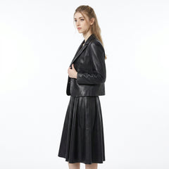 Women's Black Leather Blazer & Midi Skirt Set | Leather Blazer Women | Blazer Jacket | Formal Dress | Midi Skirt | Corporate Goth Womens Clothing | Black Dress