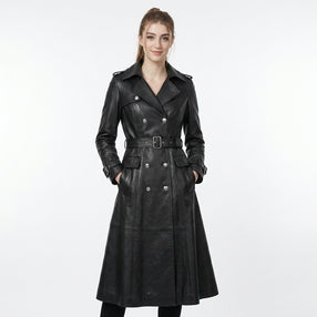black leather trench coat women double breasted design