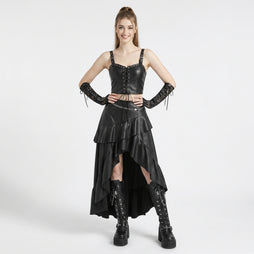 Gothic Punk Corset Dress Set | Studded Genuine Leather Bustier Top & High Low Maxi Skirt | Victorian Leather Boots