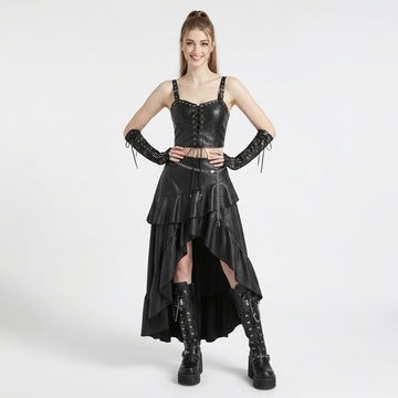 Gothic Punk Corset Dress Set | Studded Genuine Leather Bustier Top & High Low Maxi Skirt | Victorian Leather Boots