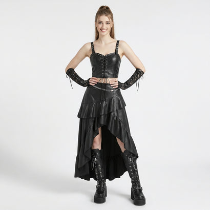 Gothic Punk Corset Dress Set | Studded Genuine Leather Bustier Top & High Low Maxi Skirt | Victorian Leather Boots