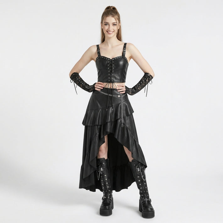 Gothic Punk Corset Dress Set | Studded Genuine Leather Bustier Top & High Low Maxi Skirt | Victorian Leather Boots