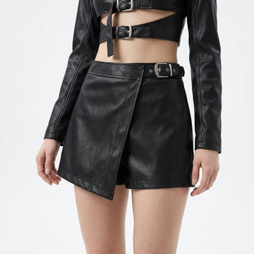 Handmade Genuine Leather Buckle Crop Jacket & Mini Skirt Set | Black Leather two piece dress | Gothic Punk Clubwear | y2k dress | Moto goth clothes