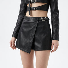 Handmade Genuine Leather Buckle Crop Jacket & Mini Skirt Set | Black Leather two piece dress | Gothic Punk Clubwear | y2k dress | Moto goth clothes