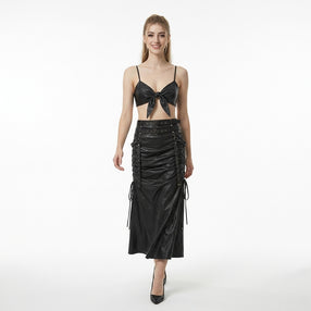 Black Leather Two Piece Skirt Set – Gothic Lace Up Midi Skirt & Leather Bralette Crop Top