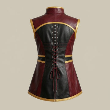 Mens Leather Gothic Vest – Red & Black Fantasy Leather Waistcoat with Buckle Straps