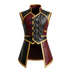 Mens Leather Gothic Vest – Red & Black Fantasy Leather Waistcoat with Buckle Straps