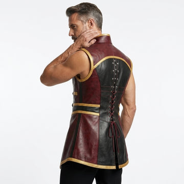 Mens Leather Gothic Vest – Red & Black Fantasy Leather Waistcoat with Buckle Straps