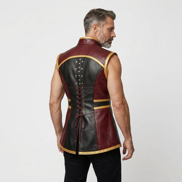 Mens Leather Gothic Vest – Red & Black Fantasy Leather Waistcoat with Buckle Straps
