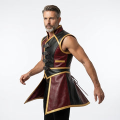 Mens Leather Gothic Vest – Red & Black Fantasy Leather Waistcoat with Buckle Straps