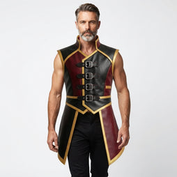 Mens Leather Gothic Vest – Red & Black Fantasy Leather Waistcoat with Buckle Straps