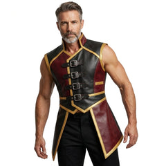 Mens Leather Gothic Vest – Red & Black Fantasy Leather Waistcoat with Buckle Straps