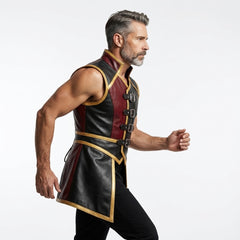 Mens Leather Gothic Vest – Red & Black Fantasy Leather Waistcoat with Buckle Straps