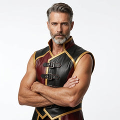 Mens Leather Gothic Vest – Red & Black Fantasy Leather Waistcoat with Buckle Straps