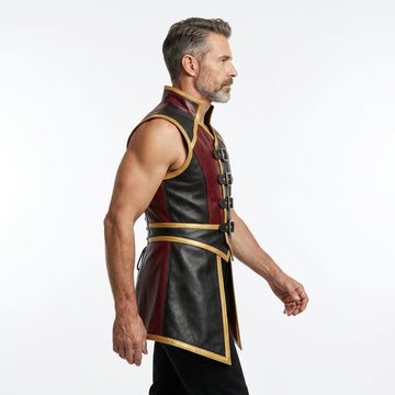 Mens Leather Gothic Vest – Red & Black Fantasy Leather Waistcoat with Buckle Straps
