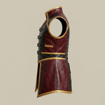 Mens Leather Gothic Vest – Red & Black Fantasy Leather Waistcoat with Buckle Straps