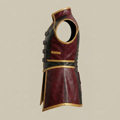 Mens Leather Gothic Vest – Red & Black Fantasy Leather Waistcoat with Buckle Straps