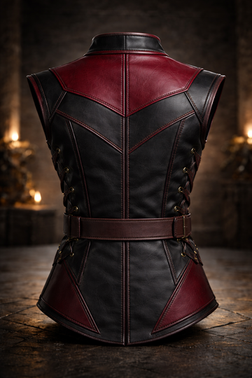 Men’s red and black leather warrior vest with high collar, buckle straps, and armored fantasy styling.