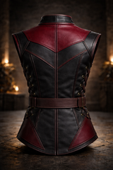 Sleeveless fantasy leather vest for men featuring burgundy panels, black trim, metal buckles, and layered hem detail.