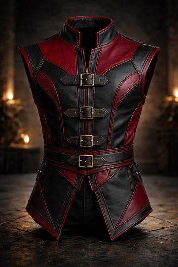 Men’s red and black leather warrior vest with high collar, buckle straps, and armored fantasy styling.