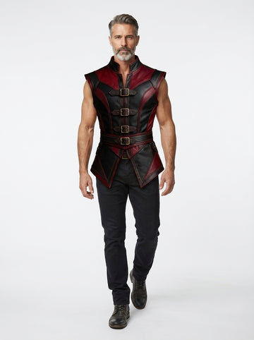 Men’s red and black leather warrior vest with high collar, buckle straps, and armored fantasy styling.