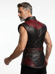 Front view of a men’s red and black sleeveless leather vest with high collar, belted waist, and armor-like construction.