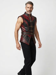 Dark fantasy biker vest for men with burgundy leather accents, black paneling, front buckle closures, and rugged styling.