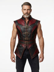 Men’s steampunk leather vest featuring red and black color blocking, shoulder caps, metal hardware, and layered waist panels.