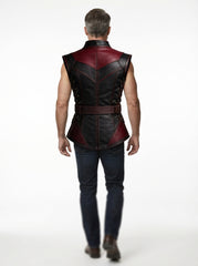 Fitted men’s red and black leather armor vest with buckle front, angular seam details, and medieval costume design.