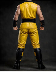 Men's Genuine Leather Ninja Inspired Martial Arts Costume, Yellow Sleeveless Leather Outfit with Black Wrap Sash, Bracers & Shin Guards
