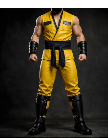 Men's Genuine Leather Ninja Inspired Martial Arts Costume, Yellow Sleeveless Leather Outfit with Black Wrap Sash, Bracers & Shin Guards