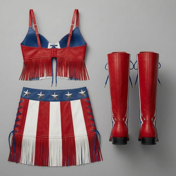 Woman wearing a patriotic dress with red, white, and blue colors on a white background