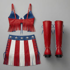Red, white, and blue leather outfit with fringe details on a gray background