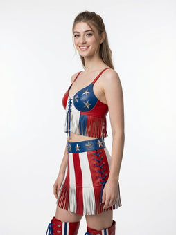 Independence Day Leather Apparel – Patriotic Western Skirt & Crop Top Outfit
