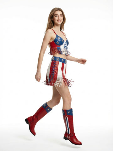 Woman wearing a patriotic dress with red, white, and blue colors on a white background