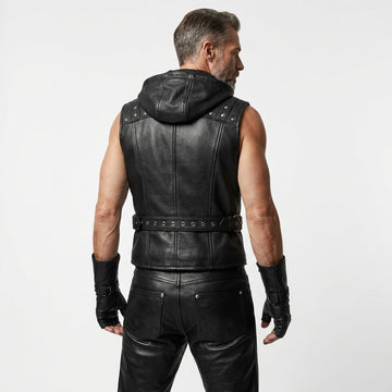 Leather Vest | Renaissance Cyberpunk Vest | Studded Motorcycle Vest | Gothic Hooded Sleeveless Waistcoat for Men