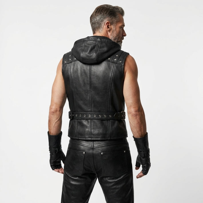 Leather Vest | Renaissance Cyberpunk Vest | Studded Motorcycle Vest | Gothic Hooded Sleeveless Waistcoat for Men