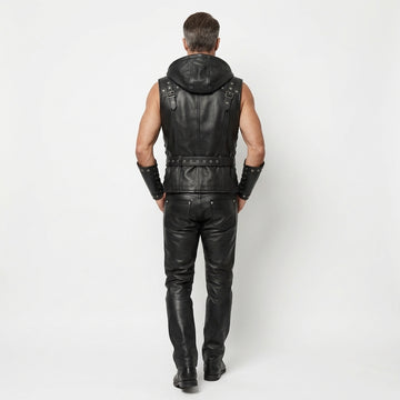 Leather Vest | Renaissance Cyberpunk Vest | Studded Motorcycle Vest | Gothic Hooded Sleeveless Waistcoat for Men