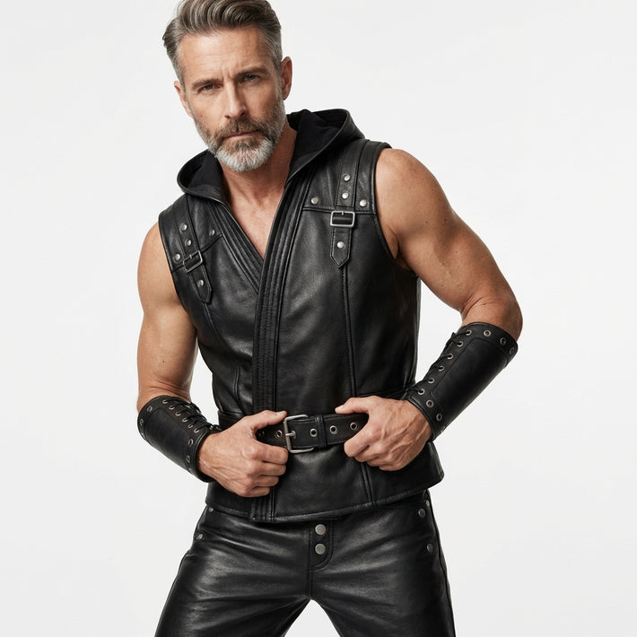 Leather Vest | Renaissance Cyberpunk Vest | Studded Motorcycle Vest | Gothic Hooded Sleeveless Waistcoat for Men