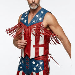 Man wearing a fringed American flag leather vest on a white background