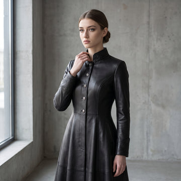 Leather Coat Dress Women | Black Leather Dress | Midi Dress | Gothic Princess Style | Victorian Dress | Renaissance Dress | Womens Dresses