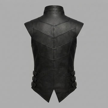 Men’s black leather sleeveless vest with high collar, front zipper, and angled panel stitching.