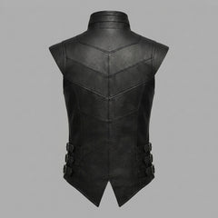 Front view of a men’s sleeveless leather jacket with high neck, structured shoulders, and center zipper.