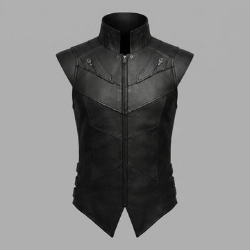 Men’s black leather sleeveless vest with high collar, front zipper, and angled panel stitching.